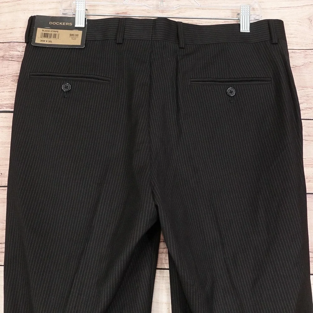 New! Dockers Dress Pants Mens‎ 36x30 Black Stripe Regular Fit Flat Front